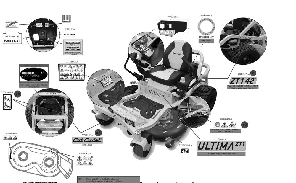 Label Map Diagram and Parts List for ZT1-42KH (17CSA10)(2023) Cub Cadet Lawn Tractor